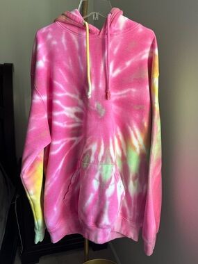 Dreamsicle Vibrant Pink & Mint Tie Dye Hoodie - Size Large